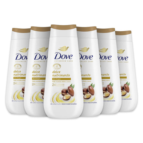 Dove Süßes Nährendes Duschgel, feuchtigkeitsspendendes Duschgel, milde Formel auf dem Hautmikrobiom, mit pflanzlichen Feuchtigkeitsspendern, ohne SLES, Duschbad für Damen und Herren, 6 Stück à 225 ml Original italienisch