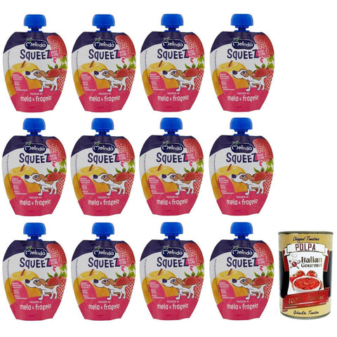 Ela Obst Ela Melinda Mela Fragola Squeez 100% Frucht,Apfel und Erdbeerpüree,Obst zum Auspressen,90 g italienisch Original 8007049400169