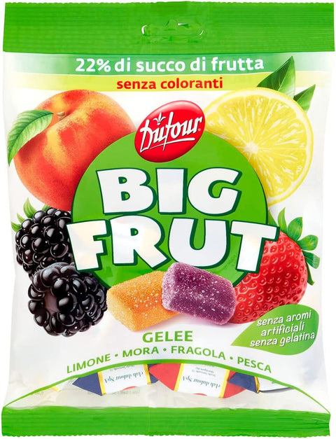 Elah Fruchtgummis 6x Dufour Bonbons Big Frut Mediterrane Früchte, Zitrone, Brombeere, Erdbeeren und Pfirsiche 150g 8004610113503