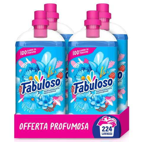 Fabuloso Weichspüler Konzentrat mit frischem Morgenduft, 4 x 1,25 l, bewegungsaktivierter Duft, hält für Wochen, macht die Kleidung leicht zu bügeln, 224 Waschgänge. Die Verpackung kann variieren italienisch Original