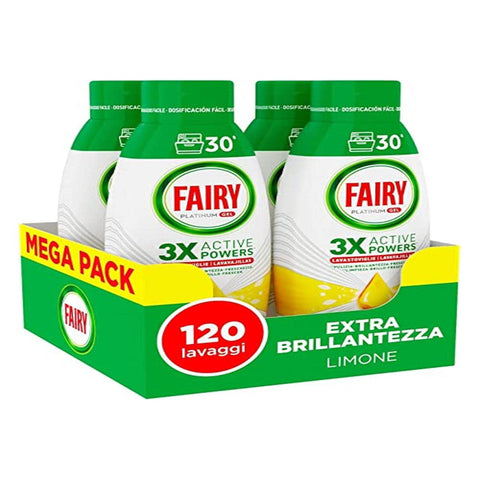 Fairy Geschirrspülmittel Flüssiggel 120 Waschmaschinen Packung mit 4 Flaschen Platinum Zitrone spendet extra Glanz und Spülmaschine kombiniert Reinigung Glanz