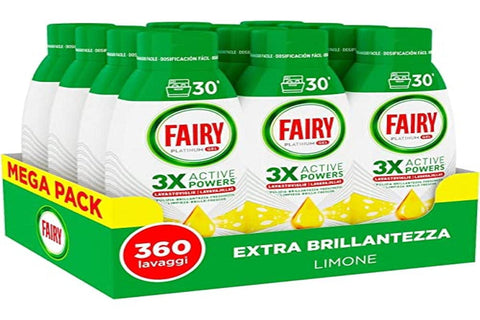 Fairy Platinum Geschirrspüler, Geschirrspüler, 360 Waschgänge, 1 Packung mit 12 Flaschen, extra glänzend, Zitronenduft Original italienisch