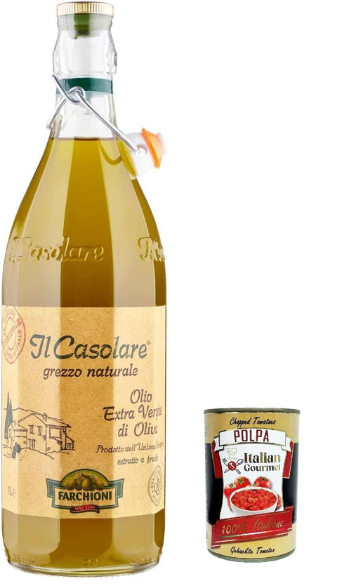 Farchioni Oliven Farchioni Casolare, Il grezzo, Kaltgepresst, Olivenöl Extra Vergine 1Lt 100% extra nativ natives Olio Oliva + Italian Gourmet Polpa 400g 8007153008060