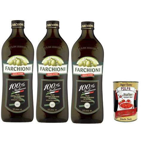 Farchioni Oliven Farchioni Olio Extra Vergine di Oliva 100% Italiano Natives Olivenöl extra mit Italienische Oliven 3x 1Lt kalte Extraktion Speiseöl Original italienisch inkl. Italian Gourmet Polpa 400g 8007153001177
