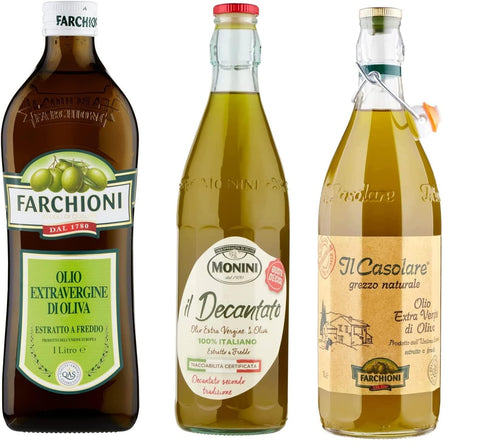 Testpaket Farchioni Classico Natives Olivenöl Extra 1 Lt Il casolare grezzo 1 Liter Il decantato 750 ml italienisch Original Pastasauce + gratis polpa 400 g