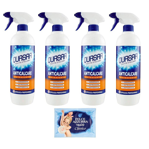 Felce Azzurra 4er-Pack Quasar Anticalcare Extra Forte Extra Starker Antikalk Entfetter Reinigungsmittel 1er-Pack Kostenlos Felce Azzurra Talkumpuder -Beutel 650