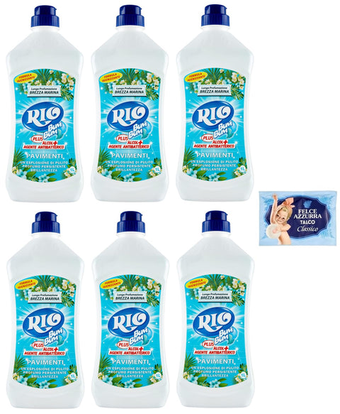 Felce azzurra 6er - Pack RIO Bum Bum Pavimenti, Bodenreiniger mit Alkohol, Meeresbrise Duft, 1Lt + 1er - Pack Kostenlos Felce azzurra Talkumpuder, - Beutel 100g Original italienisch