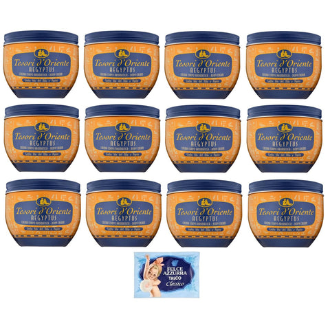 Felce Azzurra Pack Tesori d’Oriente Crema Corpo Aegyptus,Körpercreme Blaue Lilie des Nils und Papyrusmilch,300 ml + 1er Pack Kostenlos Felce Azzurra Talkumpuder, 100 g Beutel italienisch Original