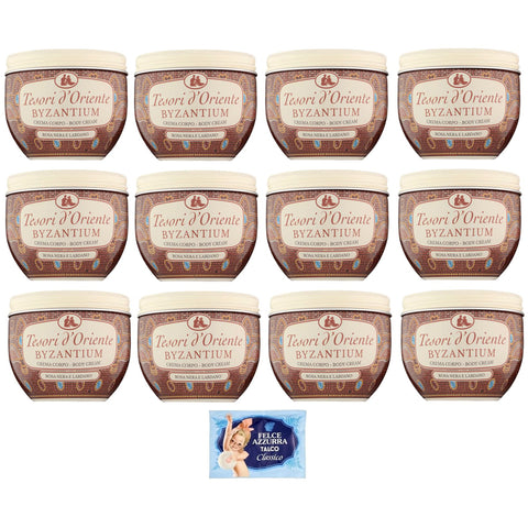 Felce azzurra 12er - Pack Tesori d’Oriente Crema Corpo Byzantium, Körpercreme Schwarze Rose und Labdanum, 300ml + 1er - Pack Kostenlos Felce azzurra Talkumpuder, - Beutel 100g Original italienisch