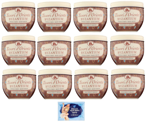 Felce Azzurra Cremes 12er-Pack Tesori d’Oriente Crema Corpo Byzantium,Körpercreme Schwarze Rose und Labdanum,300ml + 1er-Pack Kostenlos Felce Azzurra Talkumpuder, 100g-Beutel 8001280026102