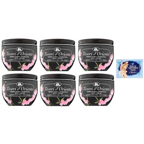 Felce azzurra 6er - Pack Tesori d’Oriente Crema Corpo Orchidea della Cina, Körpercreme Orchidee aus China, 300ml + 1er - Pack Kostenlos Felce azzurra Talkumpuder, - Beutel 100g Original italienisch