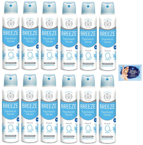 Felce Azzurra Deo 12 x BREEZE Deodorant Spray Frische Talka Mineralien, keine Flecken auf der Haut, 0% Aluminiumsalze 150 ml + 1 Beutel Talkum Felce Azzurra 100 g 8001280026102