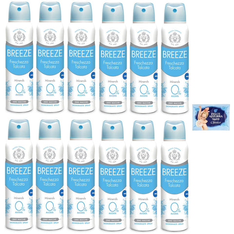 Felce Azzurra 12x BREEZE Deodorant Spray Frische Talka Mineralien, keine Flecken auf der Haut, 0% Aluminiumsalze 150 ml + 1 Beutel Talkum Felce Azzurra 100 g