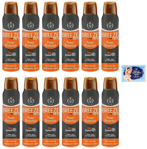 Felce Azzurra Deo 12 x BREEZE Deodorant Spray Man Power Protection, keine Flecken auf der Haut, 0 % Aluminiumsalze 150 ml + 1 Beutel Talkum Felce Azzurra 100 g 8001280026102