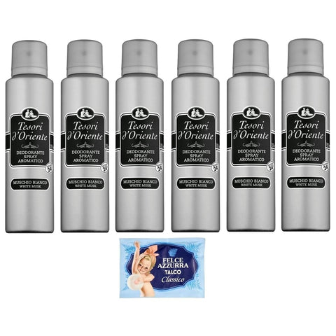 Felce Azzurra 6er-Pack Tesori d'Oriente Muschio Bianco Aromatisches Deodorant Spray Weißer Moschus 1er-Pack Kostenlos Felce Azzurra Talkumpuder -Beutel 150 ml