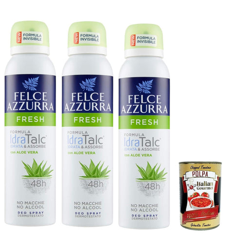 Felce azzurra Deodorant deo Spray Fresh mit Aloe Vera, IdraTalc Formel, 48 Stunden Wirksamkeit, Fleckenlos 3x 150 ml Original italienisch inkl. Italian Gourmet Polpa 400g