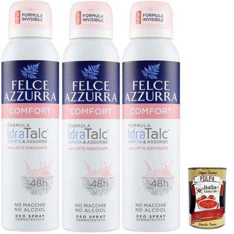 Felce Azzurra Deodorante Spray Comfort con Latte Idratante, deo spray mit feuchtigkeitsspendender Milch, 48 Stunden wirksam, hinterlässt keine Flecken 3x 150 ml italienisch Original