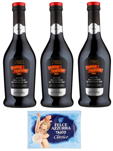 Felce Azzurra Essig 3er-Pack Monari Federzoni Aceto Balsamico di Modena I.G.P.Gusto Rotondo,Balsamico-Essig aus Modena I.G.P.,500ml Glasflasche + 1er-Pack Kostenlos Felce Azzurra Talkumpuder, 100g-Beutel 8001280026102