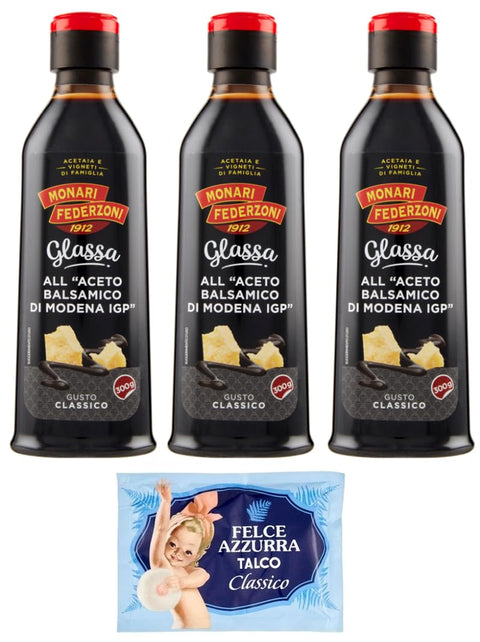 Felce Azzurra Essig 3er-Pack Monari Federzoni Glassa all'Aceto Balsamico di Modena,Glasur Creme mit Balsamico-Essig aus Modena I.G.P.,300g + 1er-Pack Kostenlos Felce Azzurra Talkumpuder, 100g-Beutel 8001280026102