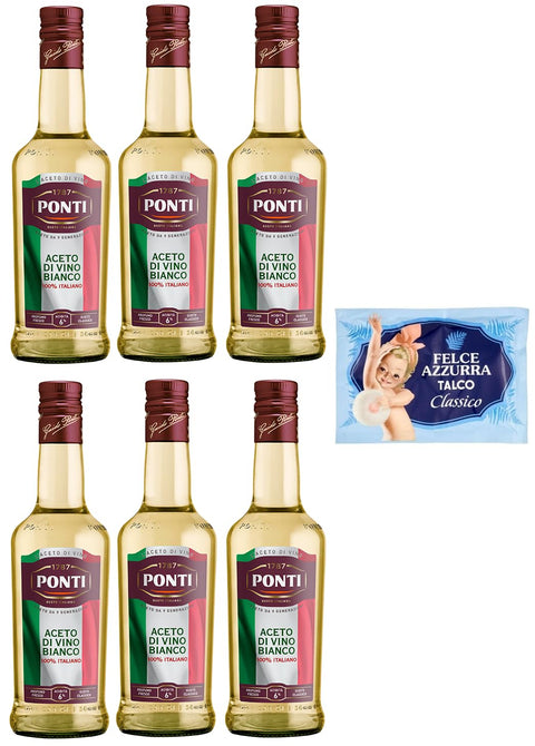 Felce Azzurra Essig 6er-Pack Ponti Weißweinessig, Aceto di Vino Bianco Italiano,100% Italienischer Essig,500ml Glasflasche + 1er-Pack Kostenlos Felce Azzurra Talkumpuder, 100g-Beutel 8001280026102