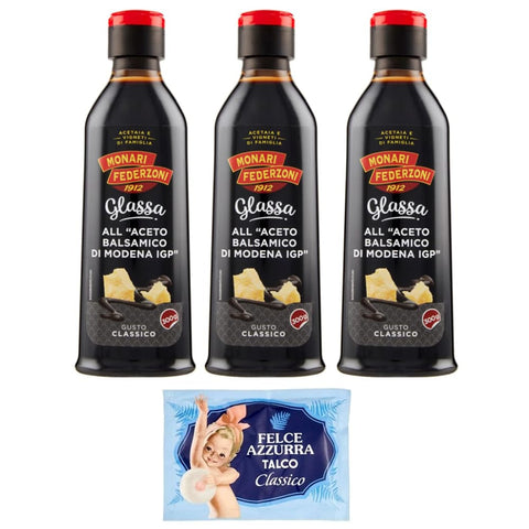 Felce Azzurra Essig Felce Azzurra 3er Pack Monari Federzoni Glassa all'Aceto Balsamico di Modena IGP Glasur Creme mit Balsamico Essig aus 300g + 100g italienisch Original 8001280026102