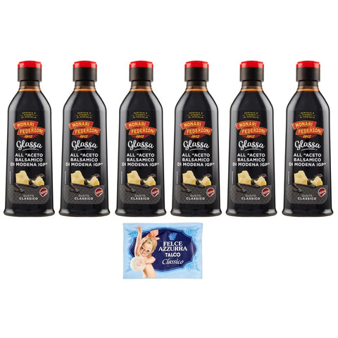 Felce Azzurra Essig Felce Azzurra Pack Monari Federzoni Glassa all'Aceto Balsamico di Modena IGP, Glasur Creme mit Balsamico Essig aus Modena I.G.P.,300 g + 1er Pack Kostenlos Felce Azzurra Talkumpuder, 100 g Beutel italienisch Original 8001280026102