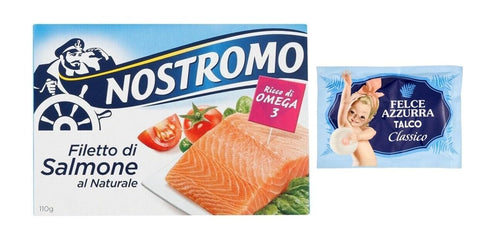 Felce Azzurra Fleisch, Geflügel & Wild 10er-Pack Nostromo Filetti di Salmone al Naturale,Natürliche Lachsfilets,110g + 1er-Pack Kostenlos Felce Azzurra Talkumpuder, 100g-Beutel 8001280026102