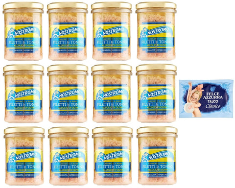 Felce Azzurra Fleisch, Geflügel & Wild 12er-Pack Nostromo Thunfisch Filetti di Tonno all'Olio di Oliva,Thunfischfilets in Olivenöl,180g Glas + 1er-Pack Kostenlos Felce Azzurra Talkumpuder, 100g-Beutel 8001280026102