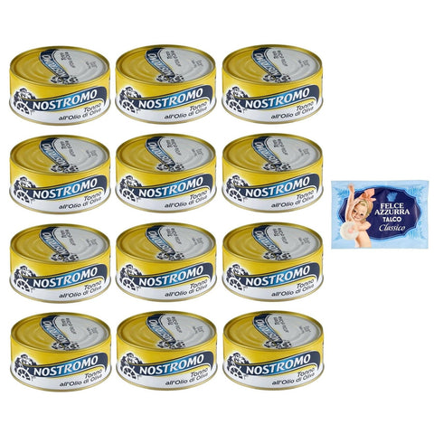 Felce azzurra 12er - Pack Nostromo Thunfisch Tonno all'Olio di Oliva, Thunfisch in Olivenöl, 300g Dose + 1er - Pack Kostenlos Felce azzurra Talkumpuder, - Beutel 100g Original italienisch