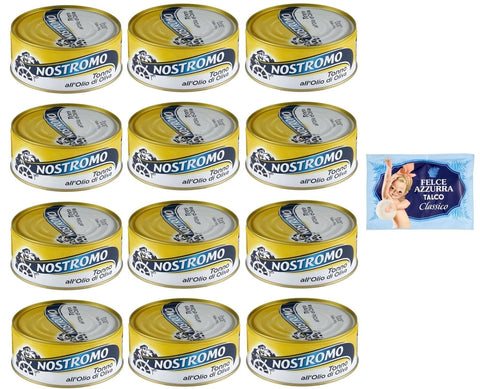 Felce Azzurra Fleisch, Geflügel & Wild 12er-Pack Nostromo Thunfisch Tonno all'Olio di Oliva,Thunfisch in Olivenöl,300g Dose + 1er-Pack Kostenlos Felce Azzurra Talkumpuder, 100g-Beutel 8001280026102