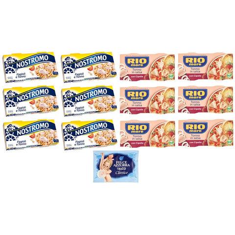 Felce Azzurra Pack Testpaket Rio Mare Thunfisch und Zwiebeln + Nostromo Thunfisch und Bohnen Fertiggericht, 2x150 g + 1er Pack Kostenlos Felce Azzurra Talkumpuder, 100 g Beutel italienisch Original