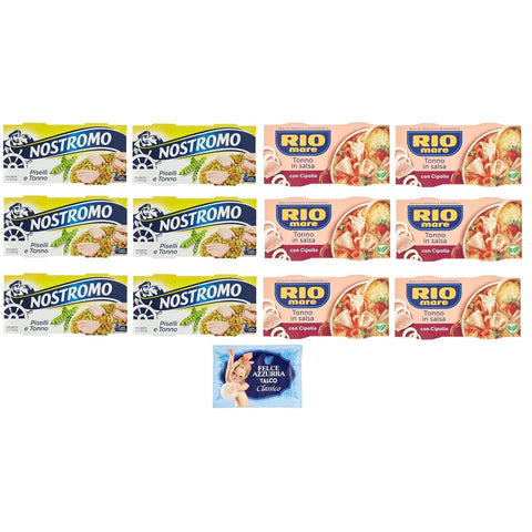 Felce Azzurra Pack Testpaket Rio Mare Thunfisch und Zwiebeln + Nostromo Thunfisch und Erbsen Fertiggericht, 2x150 g + 1er Pack Kostenlos Felce Azzurra Talkumpuder, 100 g Beutel italienisch Original