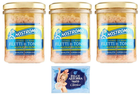 Felce Azzurra Fleisch, Geflügel & Wild 3er-Pack Nostromo Thunfisch Filetti di Tonno all'Olio di Oliva,Thunfischfilets in Olivenöl,180g Glas + 1er-Pack Kostenlos Felce Azzurra Talkumpuder, 100g-Beutel 8001280026102