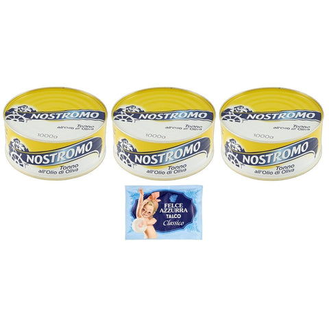 Felce Azzurra Pack Nostromo Thunfisch Tonno all'Olio di Oliva,Thunfisch in Olivenöl,1 Kg Dose + 1er Pack Kostenlos Felce Azzurra Talkumpuder, 100 g Beutel italienisch Original