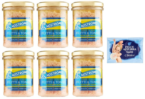 Nostromo Thunfisch Filetti di Tonno all'Olio di Oliva,Thunfischfilets in Olivenöl,180g Glas 6er-Pack Original italienisch inkl. 1er-Pack Kostenlos Felce Azzurra Talkumpuder, 100g-Beutel
