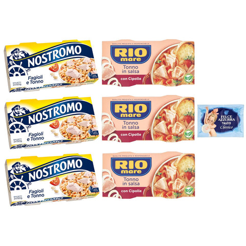 Felce Azzurra Testpaket Rio Mare Thunfisch und Zwiebeln 6er-Pack Original italienisch inkl. Nostromo Thunfisch und Bohnen Fertiggericht, 2x150g + 1er-Pack Kostenlos Felce Azzurra Talkumpuder, 100g-Beutel