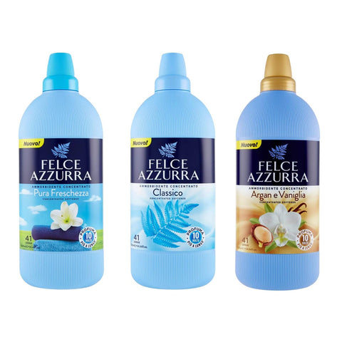 Testpaket Felce Azzurra Weichspüler-Konzentrat, Unverwechselbarer Duft, weiche 41 Waschgänge 3x1025 ml italienisch Original + kostenlos polpa 400 g