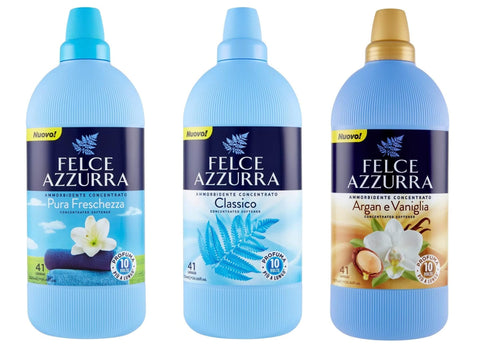 Felce azzurra Flüssiger Weichspüler Testpaket Felce Azzurra Weichspüler-Konzentrat, Unverwechselbarer Duft, weiche 41 Waschgänge 3x 1025 ml + Italian Gourmet polpa 400g 8001280408809