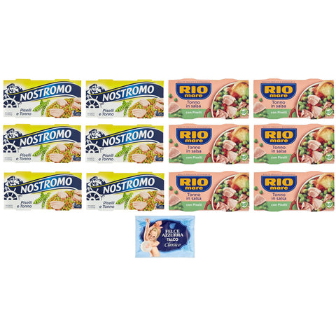 Felce Azzurra 12er-Pack Testpaket Rio Mare Nostromo Thunfisch und Erbsen Fertiggericht, 2x150 g + 1er-Pack Kostenlos Felce Azzurra Talkumpuder, 100 g-Beutel