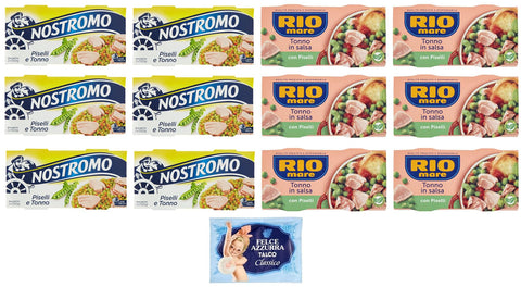 Felce Azzurra Gemüsegerichte 12er-Pack Testpaket Rio Mare Nostromo Thunfisch und Erbsen Fertiggericht, 2x150g + 1er-Pack Kostenlos Felce Azzurra Talkumpuder, 100g-Beutel 8001280026102