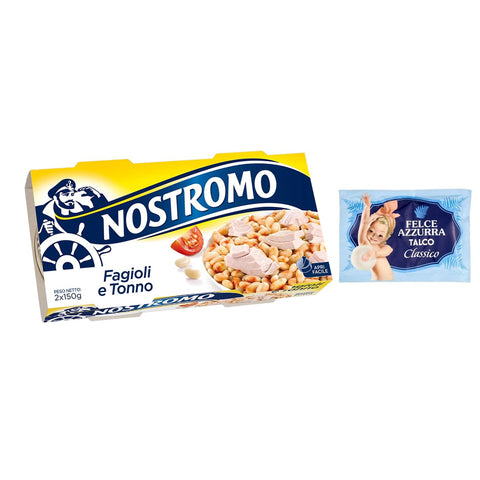 Felce Azzurra Pack Nostromo Tonno e Fagioli Fertiggericht mit Thunfisch und Bohnen,2x150 g + 1er Pack Kostenlos Felce Azzurra Talkumpuder, 100 g Beutel italienisch Original