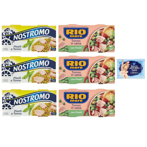 Felce Azzurra Gemüsegerichte Felce Azzurra Testpaket Rio Mare Nostromo Thunfisch und Erbsen Fertiggericht, 2x150g 6er-Pack Original italienisch inkl. 1er-Pack Kostenlos Felce Azzurra Talkumpuder, 100g-Beutel 8001280026102