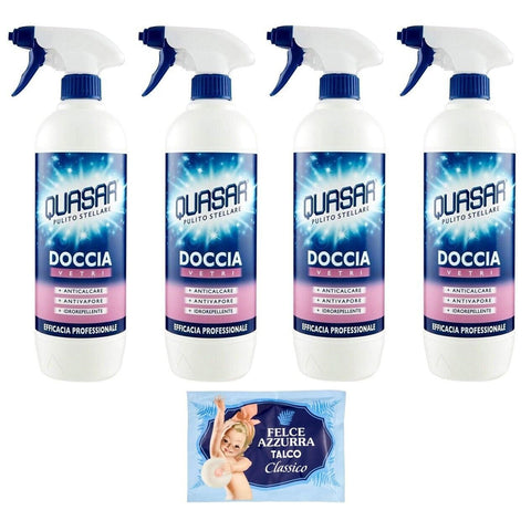 Felce Azzurra Pack Quasar Doccia Vetri,Duschglas Reiniger,Reinigungsmittel 650 ml + 1er Pack Kostenlos Felce Azzurra Talkumpuder, 100 g Beutel italienisch Original