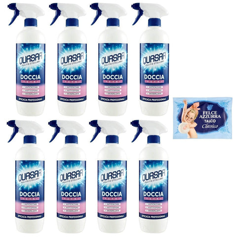 Felce Azzurra Pack Quasar Doccia Vetri,Duschglas Reiniger,Reinigungsmittel 650 ml + 1er Pack Kostenlos Felce Azzurra Talkumpuder, 100 g Beutel italienisch Original