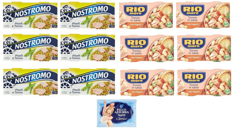 Felce Azzurra Hülsenfrüchte & Bohnen 12er-Pack Testpaket Rio Mare Thunfisch und Bohnen + Nostromo Thunfisch und Erbsen Fertiggericht, 2x150g + 1er-Pack Kostenlos Felce Azzurra Talkumpuder, 100g-Beutel 8001280026102