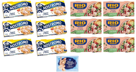 Felce Azzurra Hülsenfrüchte & Bohnen 12er-Pack Testpaket Rio Mare Thunfisch und Erbsen + Nostromo Thunfisch und Bohnen Fertiggericht, 2x150g + 1er-Pack Kostenlos Felce Azzurra Talkumpuder, 100g-Beutel 8001280026102