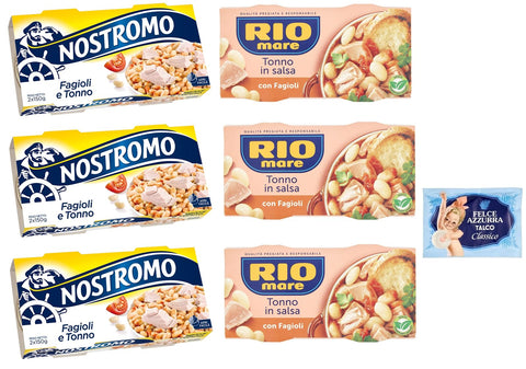 Felce Azzurra Hülsenfrüchte & Bohnen 6er-Pack Testpaket Rio Mare Nostromo Tonno e Fagioli Fertiggericht mit Thunfisch und Bohnen,2x150g + 1er-Pack Kostenlos Felce Azzurra Talkumpuder, 100g-Beutel 8001280026102