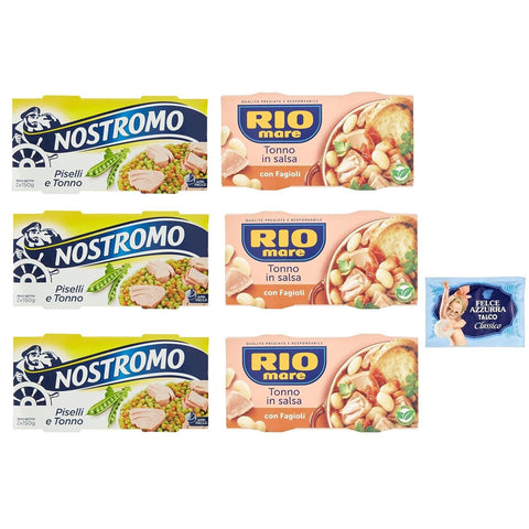 Felce Azzurra 6er-Pack Testpaket Rio Mare Thunfisch und Bohnen + Nostromo Thunfisch und Erbsen Fertiggericht, 2x150 g + 1er-Pack Kostenlos Felce Azzurra