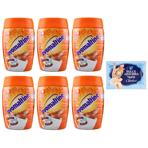 Felce Azzurra 6er-Pack Ovomaltine Malzhaltiges Getränkepulver Kakaogeschmack 1er-Pack Kostenlos Felce Azzurra Talkumpuder -Beutel 400 g 100 g italienisch