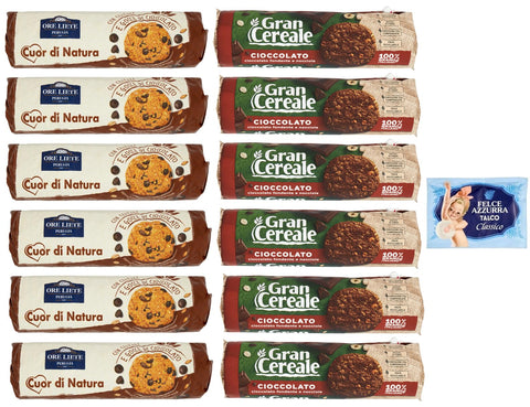 Felce Azzurra 12er Pack Testpaket Biscotti Cereali Cioccolato Ore Liete Gran Cereale Kekse mit Müsli und Schokoladen 250g + 230g italienisch Original